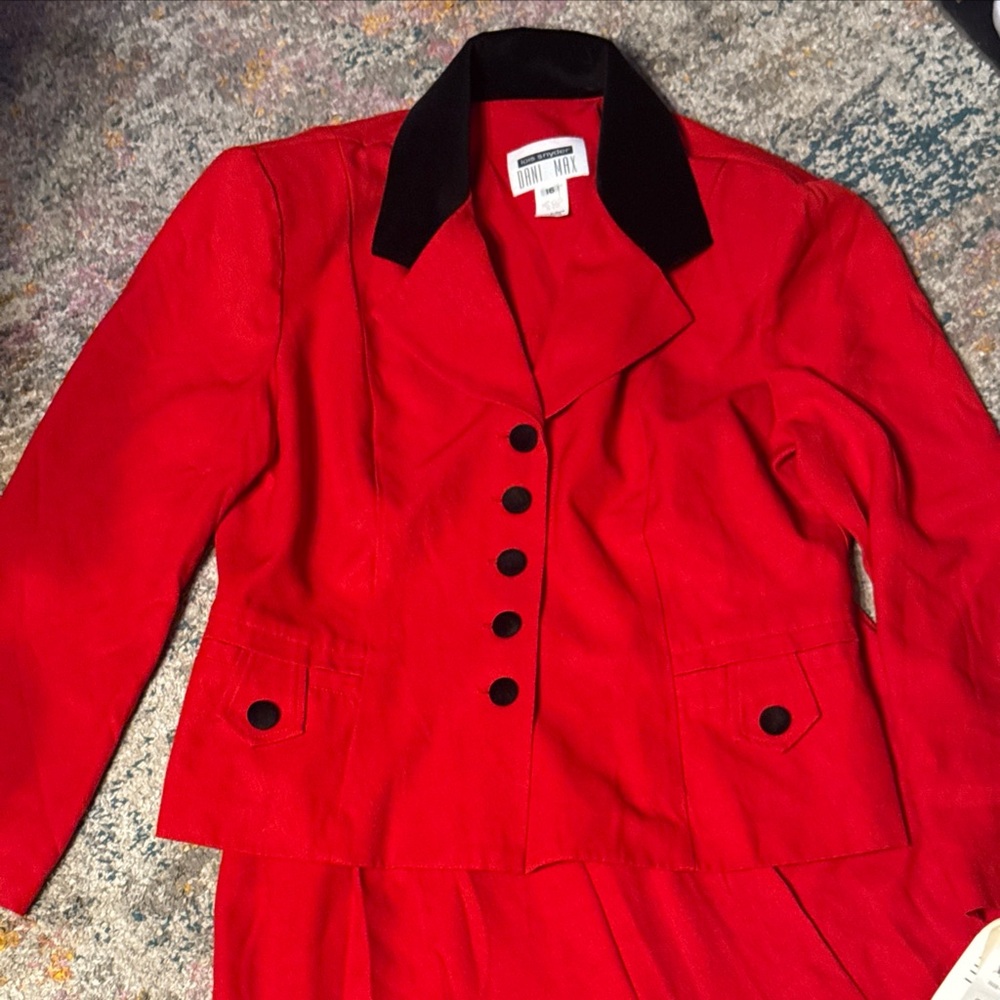Vintage 1980s Lois Snyder DANI MAX NWT NOS Red Pant Suit w/ Black Velvet Trim 16